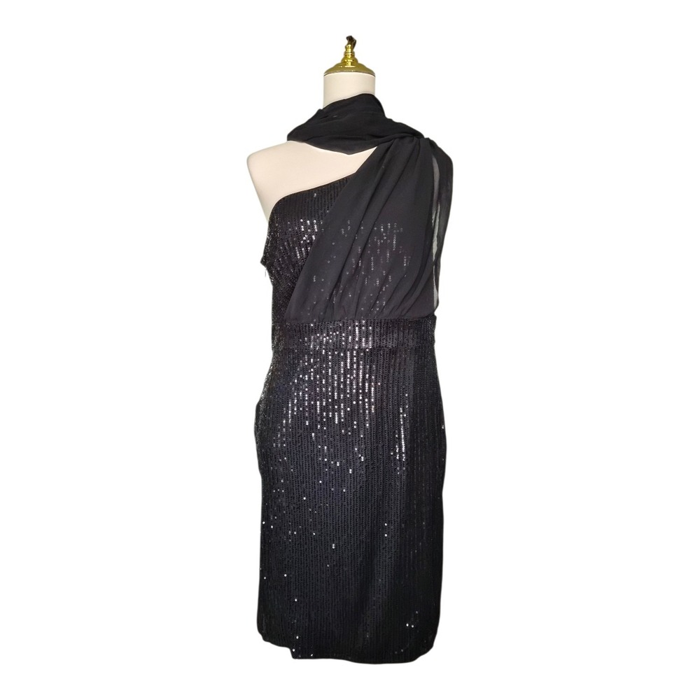 Grace Karin Black Sequin One Shoulder Cocktail Dress Chiffon Scarf Accent Sz12